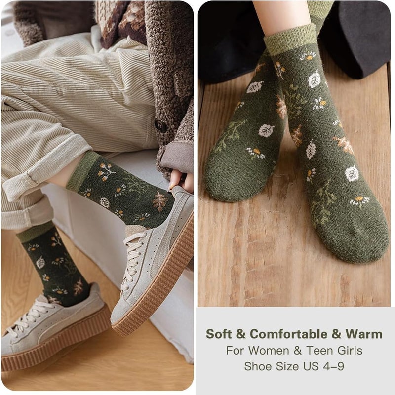 MarJunSep Wool Fall Boot Socks Women Teen Girls Thick Knit Vintage Cute Floral Cottage Core Boho Winter Warm Crew Socks - Image 4